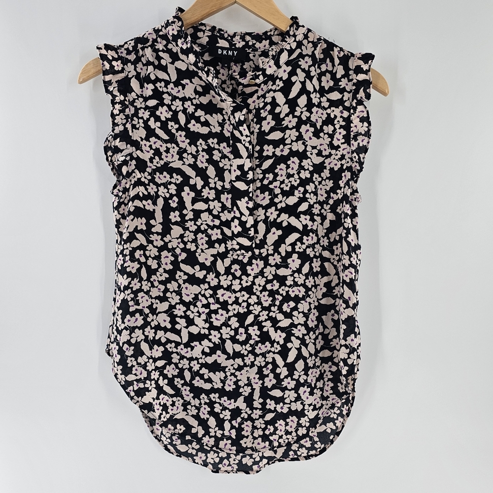 DKNY Black with Floral Print Flutter Sleeve Lightweight Top Womens Size XSmall